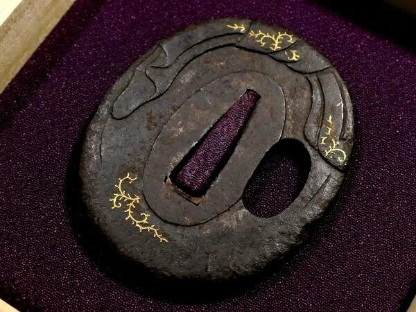 Hotei Tsuba – Japanese Iron Sword Guard with Gold Inlay – Edo Period
