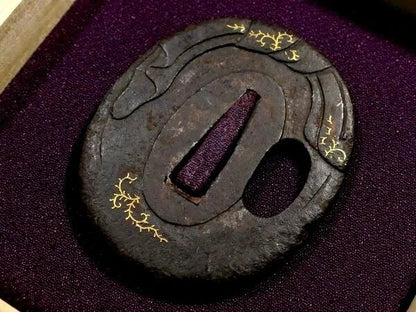 Hotei Tsuba – Japanese Iron Sword Guard with Gold Inlay – Edo Period