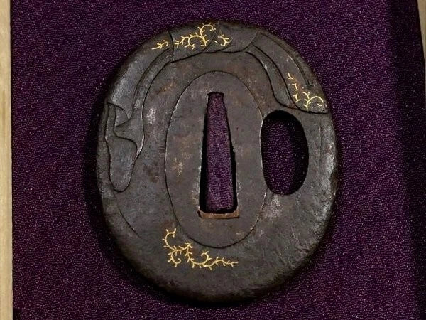 Hotei Tsuba – Japanese Iron Sword Guard with Gold Inlay – Edo Period