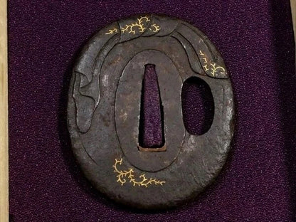 Hotei Tsuba – Japanese Iron Sword Guard with Gold Inlay – Edo Period