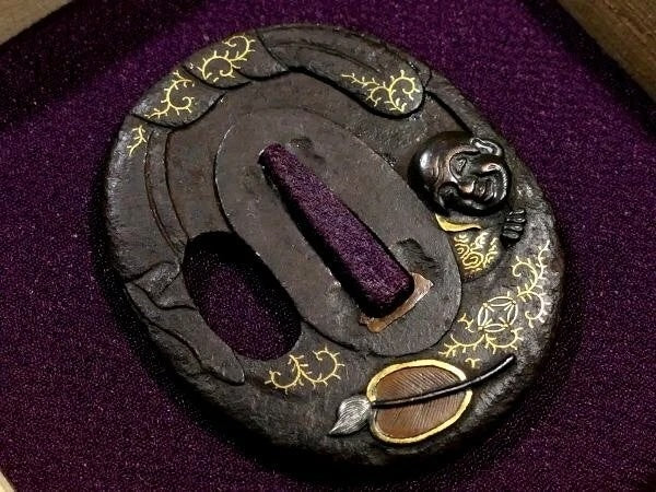 Hotei Tsuba – Japanese Iron Sword Guard with Gold Inlay – Edo Period