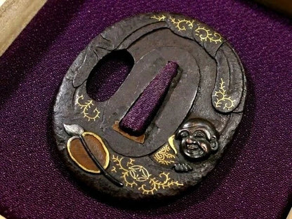 Hotei Tsuba – Japanese Iron Sword Guard with Gold Inlay – Edo Period