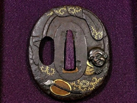 Hotei Tsuba – Japanese Iron Sword Guard with Gold Inlay – Edo Period