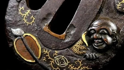 Hotei Tsuba – Japanese Iron Sword Guard with Gold Inlay – Edo Period